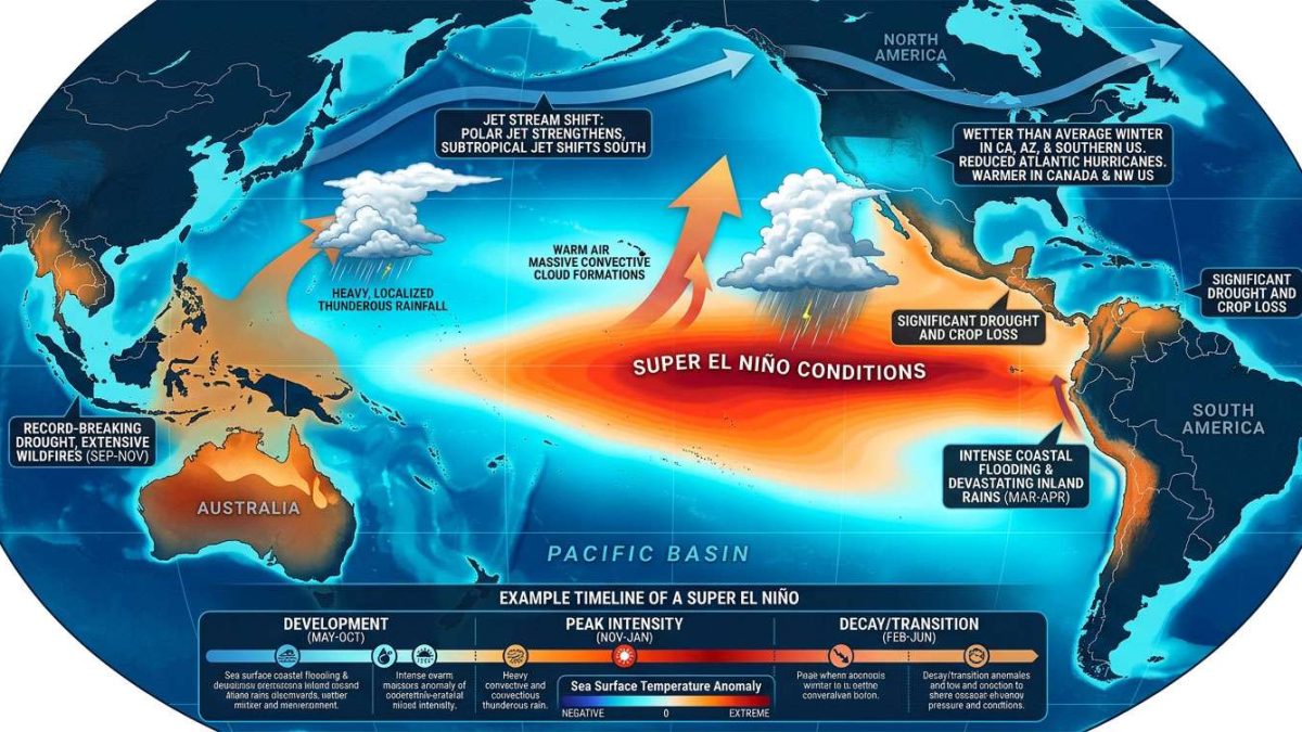 Infographic map of Super El Niño showing a warm Pacific plume and labeled climate impacts across the Americas and Pacific region, with a bottom timeline as context.
