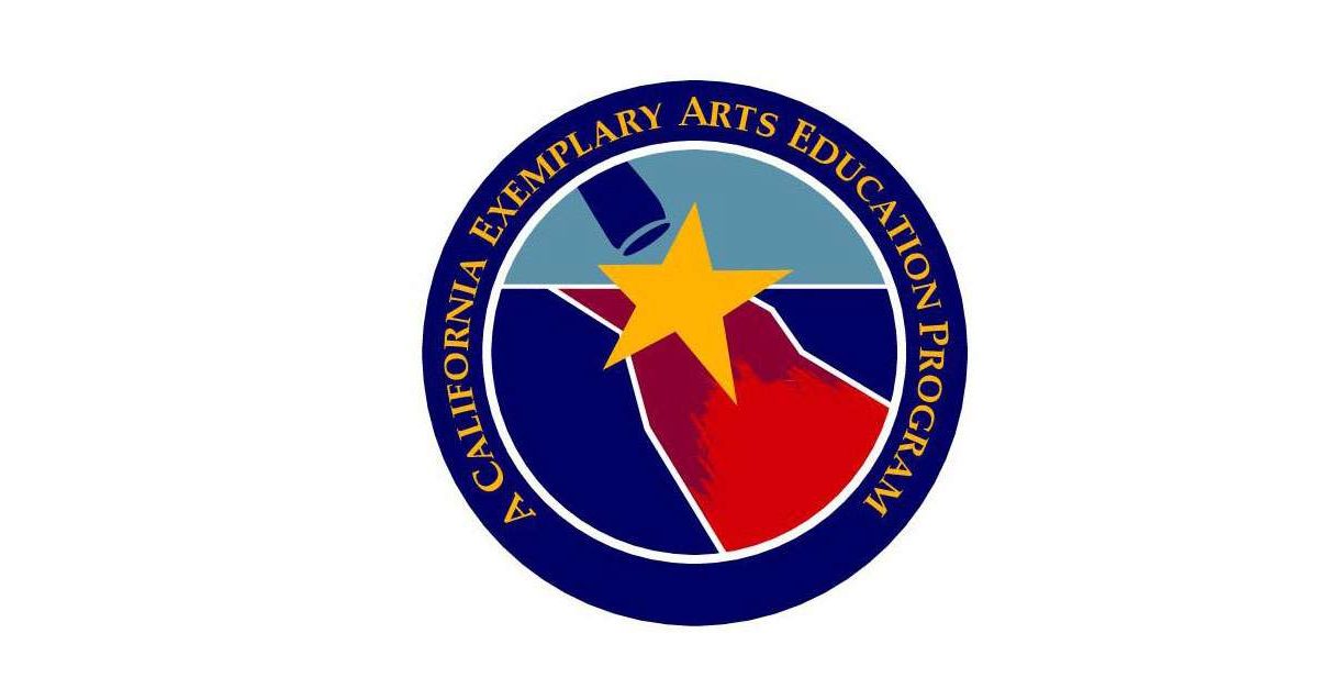 Logo of the California Exemplary Arts Education Program seal, featuring a yellow star over abstract blue, red, and gray shapes within a circular blue border with the program name around the edge.