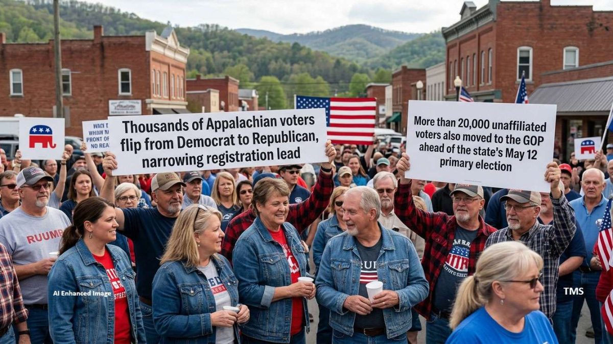 Crowd of voters at a street rally holding large signs about party registration and a May primary, with American flags in the background.