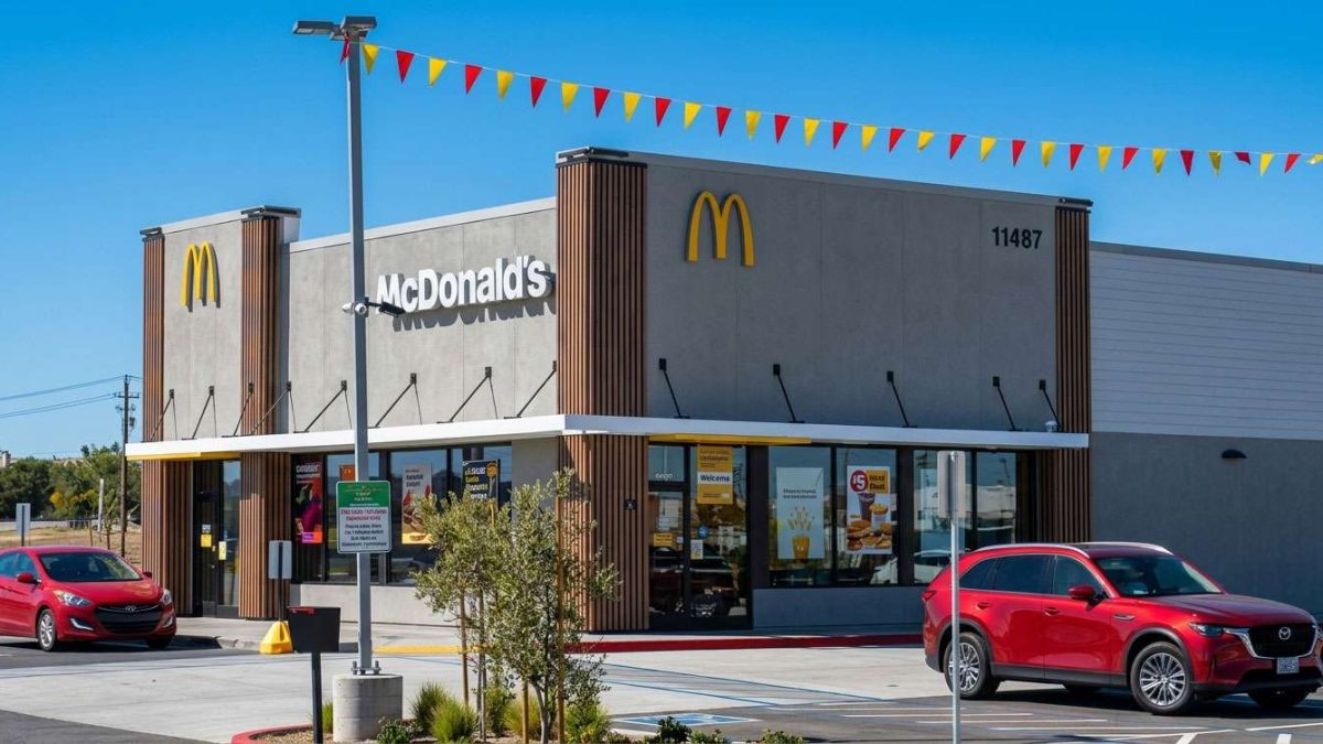Exterior view of a McDonald's restaurant with gold arches, glass windows, and colorful pennant banners on a sunny day, with cars in the lot.