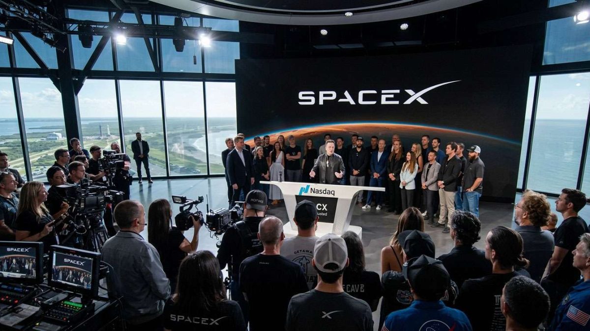 SpaceX press event with a speaker at a podium, surrounded by a crowd and cameras inside a glass-walled venue overlooking water and a large SpaceX screen behind.