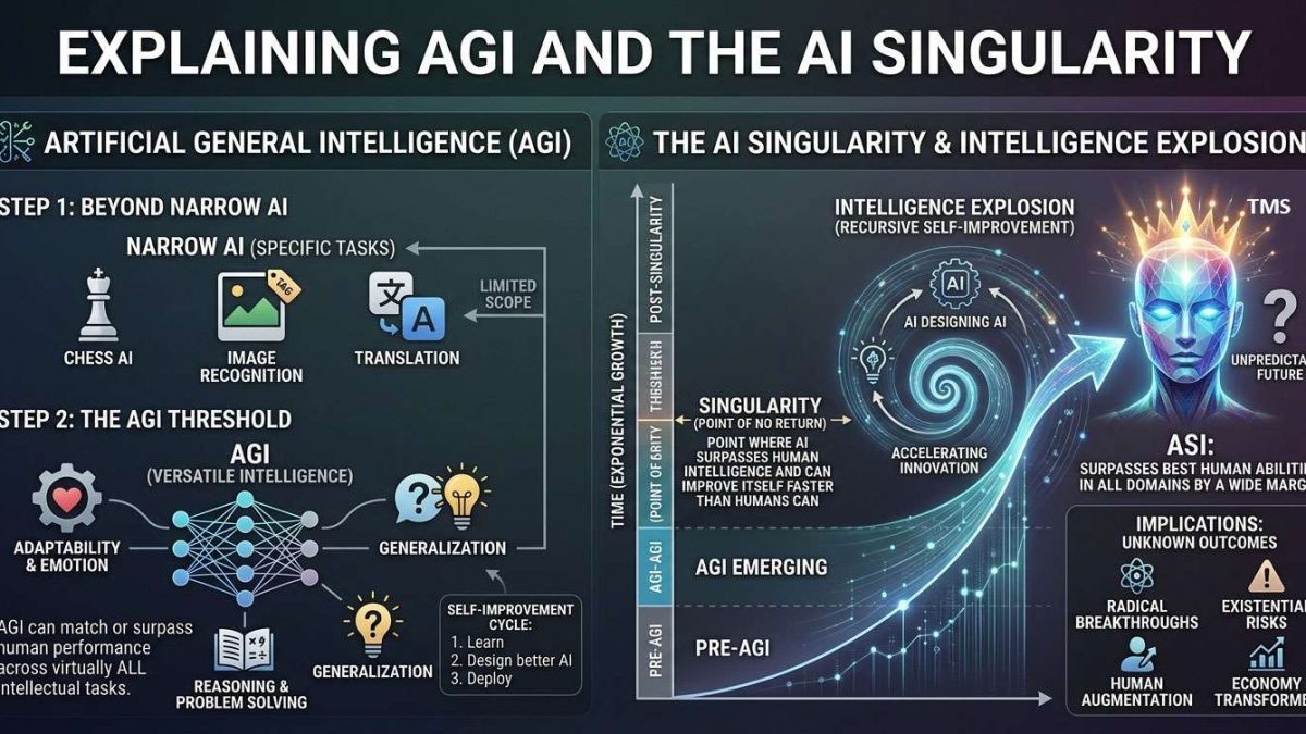 Two-panel infographic explaining AGI and the AI Singularity, with left side: narrow AI steps (chess AI, image recognition, translation) leading to AGI; right side: futuristic AI Singularity diagram and crowned figure.
