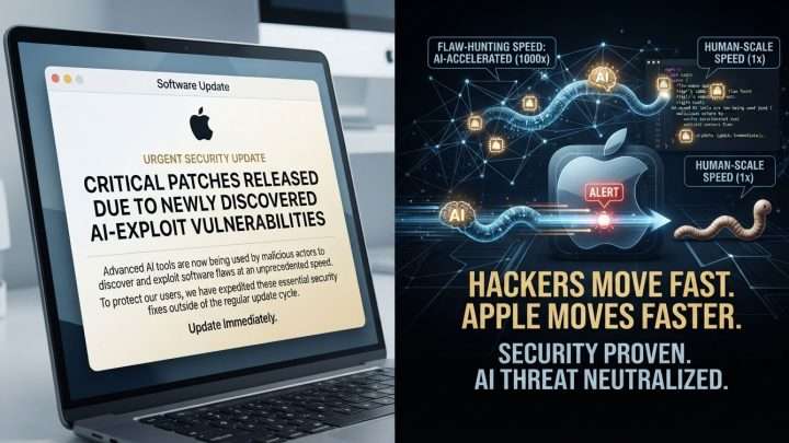 Split view: left shows a laptop with an urgent security update about AI-exploit vulnerabilities; right shows a dark cybersecurity poster reading 'Hackers move fast. Apple moves faster. AI threat neutralized.'